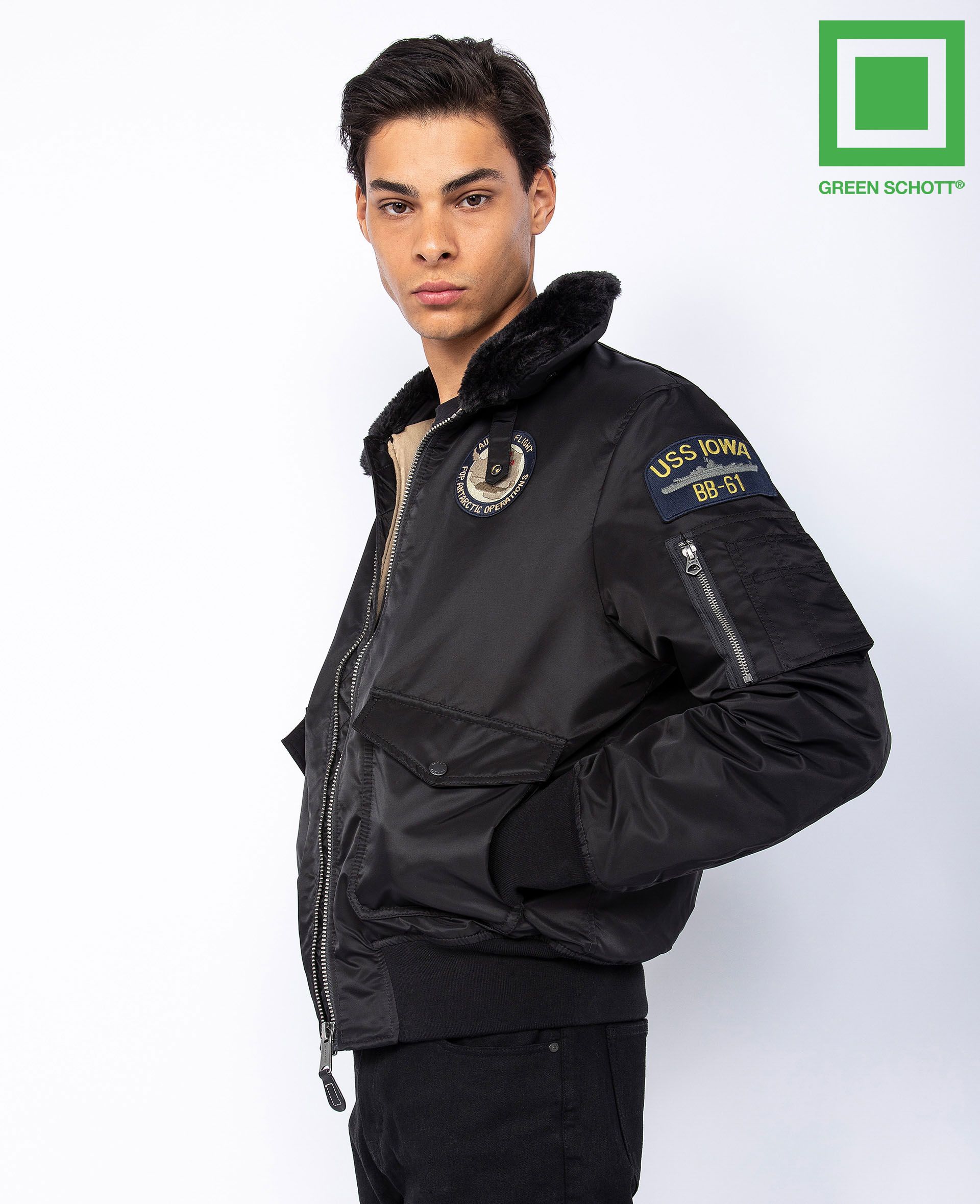 Schott NYC Recycled Nylon Patched Pilot jacket OHARAVINTRS BLACK